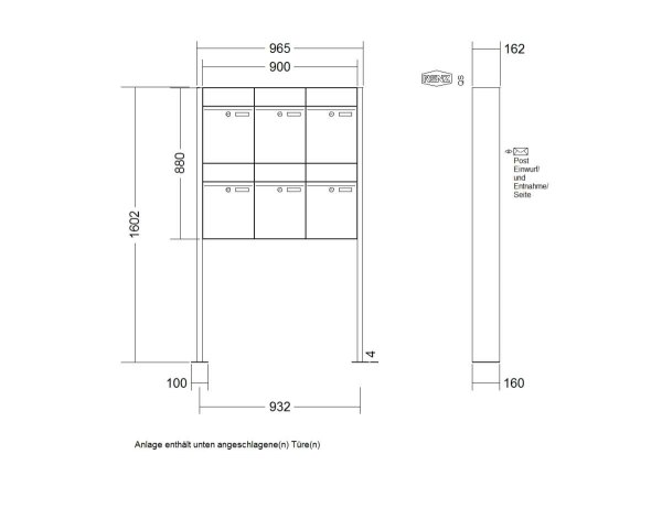 Freistehend mit Fußplatten RENZ Plan Aufputz Verkehrsweiß RAL 9016 6 Briefkästen